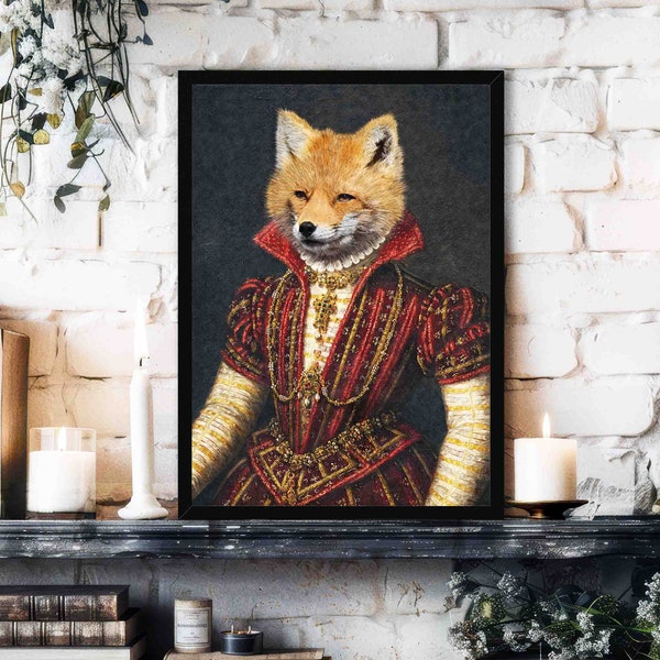 Fox Queen Wall Art Print // Vintage Historical Painting Style Portrait of Red Fox with Renaissance Ruff Dress - Home Decor Animal Lover Gift