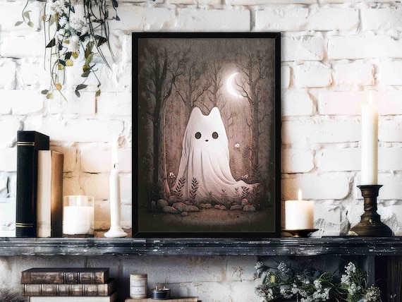 Ghost Cat Orange Wall Art Print // Cute White Cat Ghost