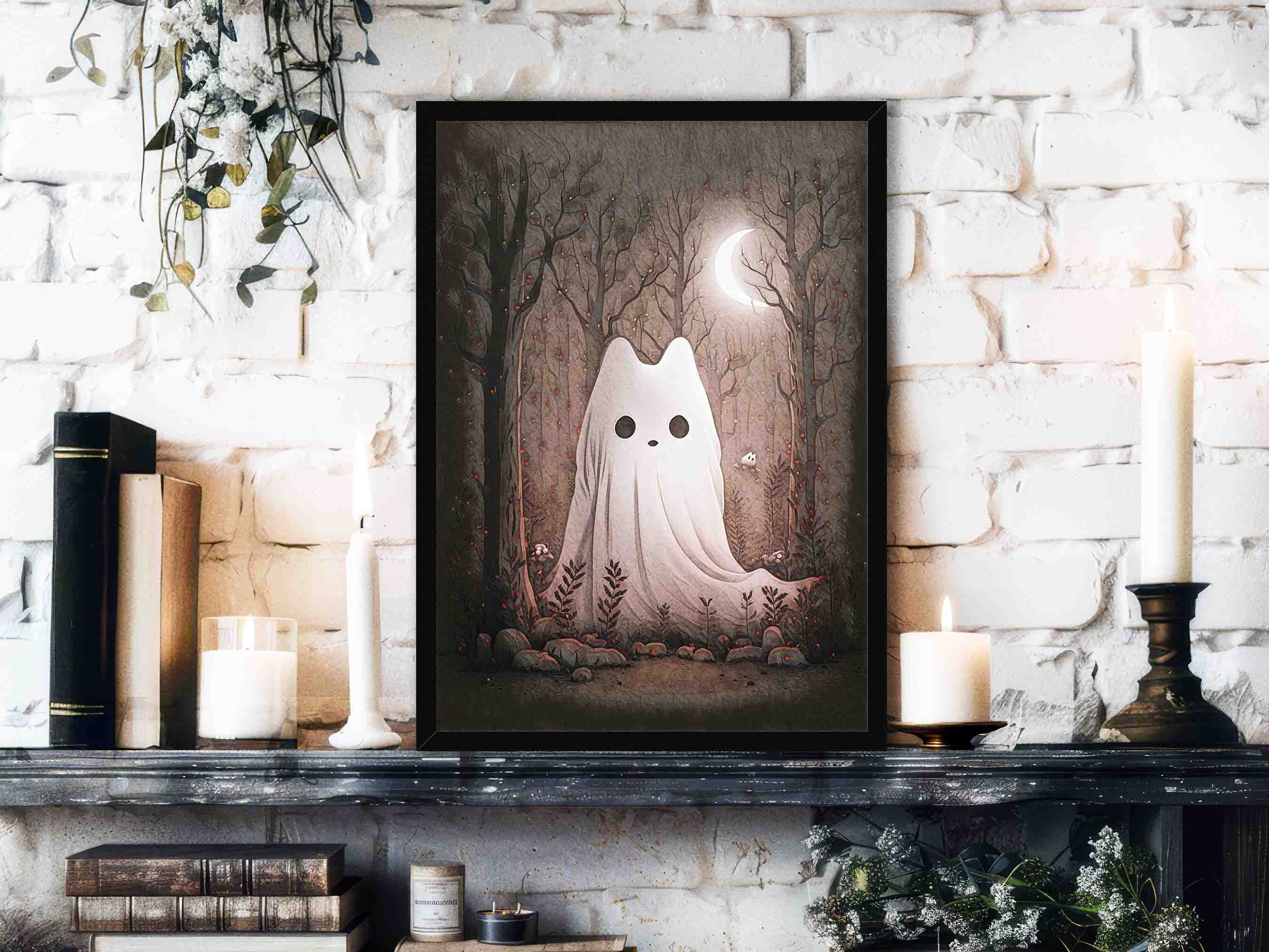 絵画 GHOST CRDP60% Ghost Cat Art Print: Orange Moonlit Forest, Gothic Halloween Decor