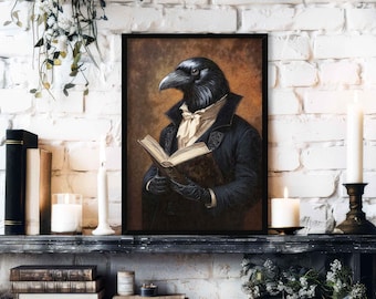 Raven Reading Book Wall Art Print | Vintage Style Bookish Crow Home Library Picture | Gothic Fantasy Animal & Book Lover Home Decor Poster