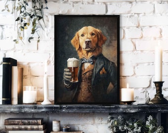 Golden Retriever Drinking Beer Wall Art Print // Vintage Style Portrait of Cute Dog in Victorian Suit - Animal  Home Bar Decor Poster Gift