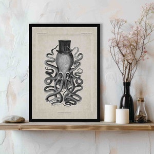 Dark Octopus Vintage Gothic Print - 18th Century Victorian Wall Art Picture - Kraken Wearing Top Hat - Steampunk Illustration - Polypus