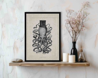 Dark Octopus Vintage Gothic Print - 18e-eeuwse Victoriaanse Wall Art Picture - Kraken met hoge hoed - Steampunk Illustration - Polypus