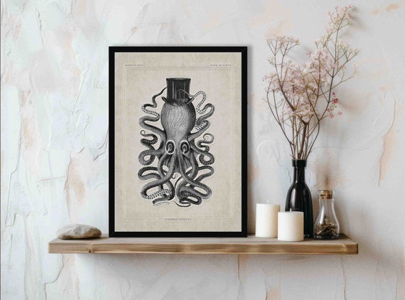 Dark Octopus Vintage Gothic Print - 18th Century Victorian Wall Art Picture - Kraken Wearing Top Hat - Steampunk Illustration - Polypus