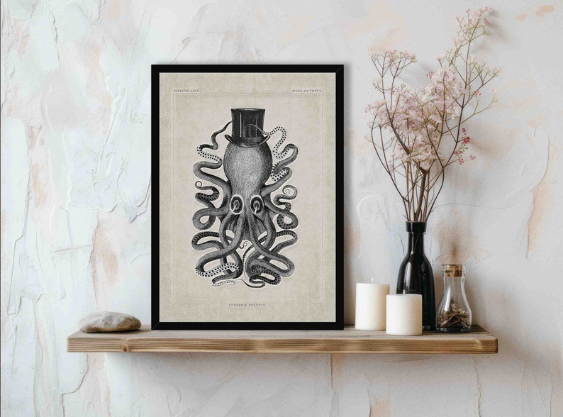 Dark Octopus Vintage Gothic Print - 18th Century Victorian Wall Art Picture - Kraken Wearing Top Hat - Steampunk Illustration - Polypus