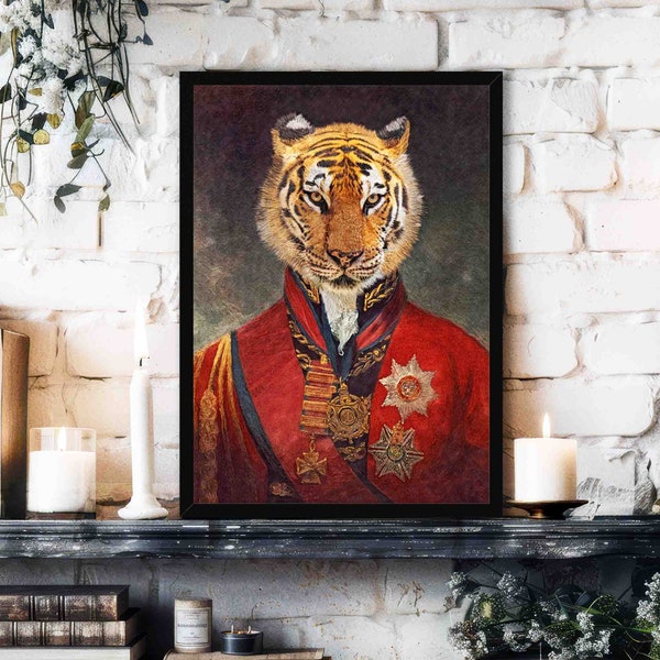 Tiger Wall Art Print // Vintage Painting Style Portrait of Red Bengal Tiger King Wearing Army / Military Outfit - Home Decor Poster Gift