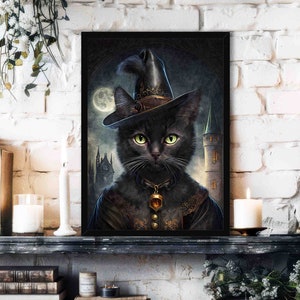 Witch Cat Wall Art Print // Gothic Vintage Style Portrait of Black Cat Wearing Witches Outfit & Hat - Maximalist Spooky Witchy Home Decor