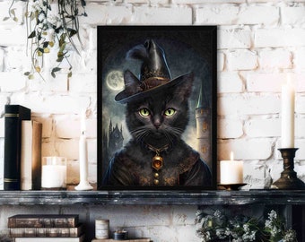 Witch Cat Art Print: Gothic Black Cat Portrait, Spooky Home Decor