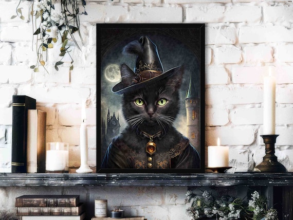 Witch Cat Art Print: Gothic Black Cat Portrait, Spooky Home Decor