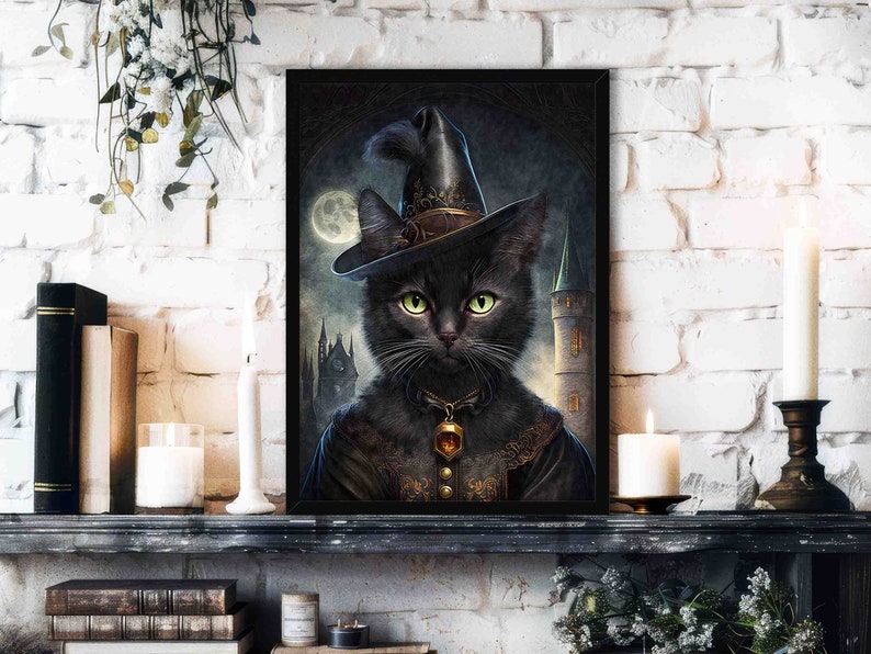 Witch Cat Wall Art Print // Gothic Vintage Style Portrait of Black Cat Wearing Witches Outfit & Hat - Maximalist Spooky Witchy Home Decor
