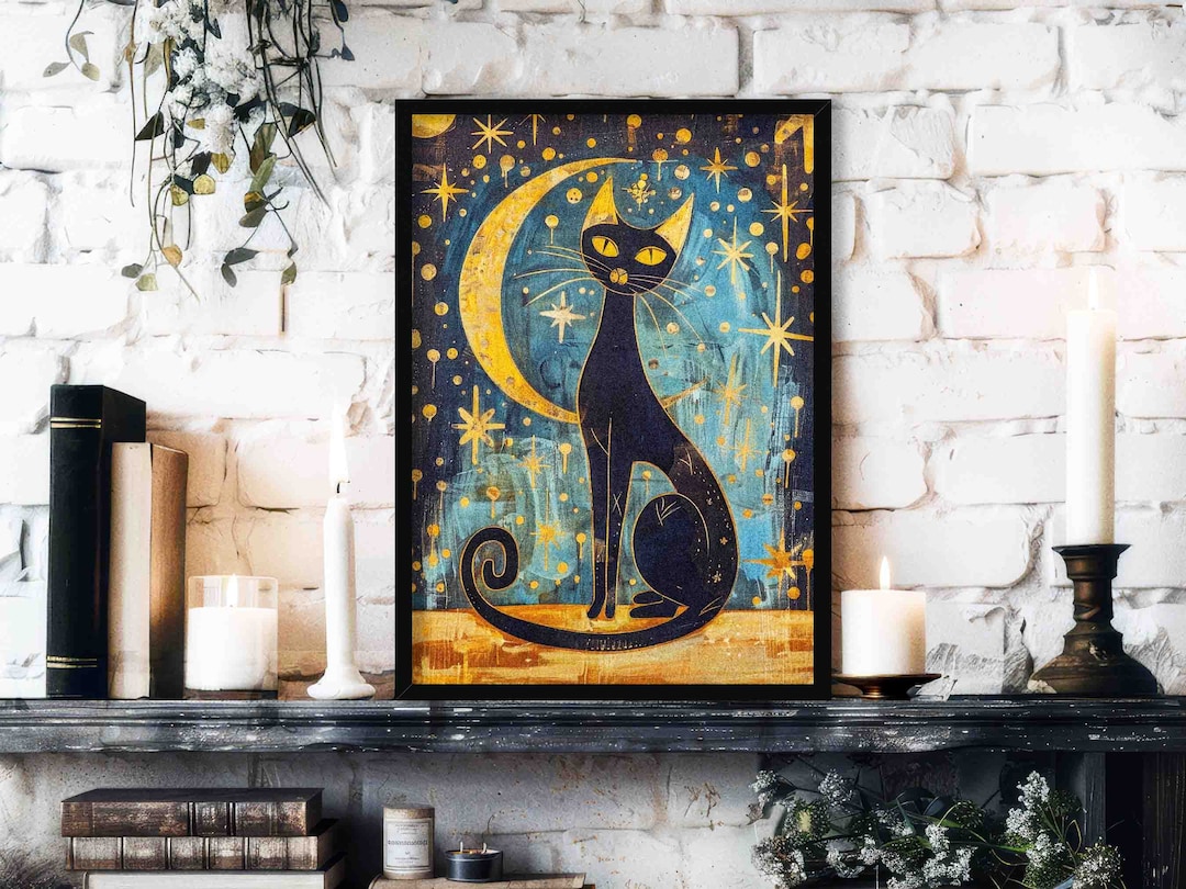 Celestial Cat Wall Art Print // Art Deco Painting Style Poster of Black ...