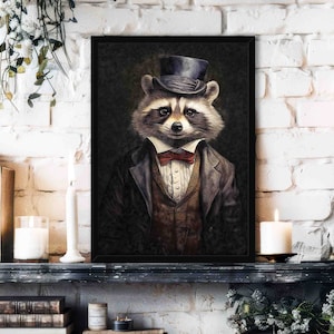 May include: A framed illustration of a raccoon wearing a top hat and bow tie, with a dark background.
