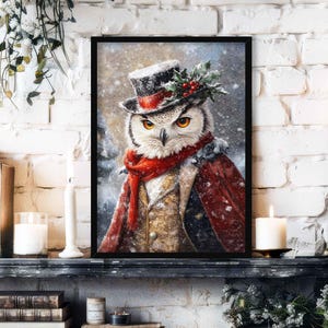 Snowy Owl Winter Christmas Wall Art Print // Vintage Painting Style Portrait of Bird in Victorian Suit - Festive Holiday Season Home Decor