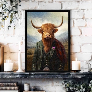 Scottish Highland Cow Wall Art Print // Vintage Painting Style Portrait of Ginger Cow in Scotland with Tartan Outfit - Animal Poster Gift