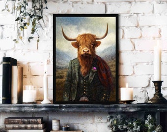 May include: Framed art print featuring a Highland cow in a tweed suit and tartan shawl. The artwork depicts the cow with long horns and a full beard, set against a backdrop of a Scottish landscape. The print is in a black frame.