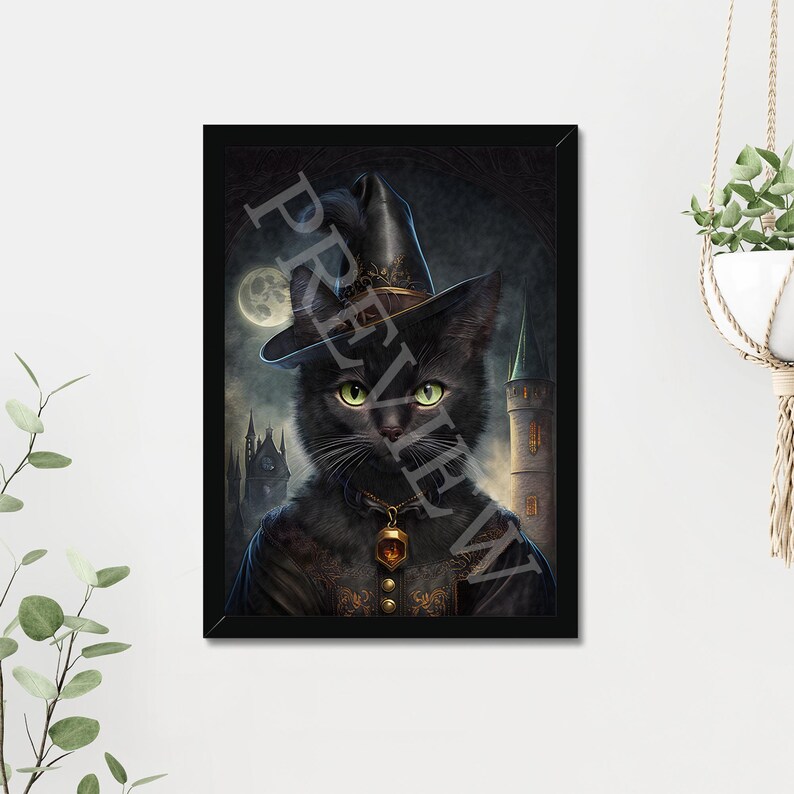 May include: A black cat wearing a witch's hat and a gold necklace with a glowing amber pendant. The cat is in front of a dark, gothic background with a moon and a tall tower.