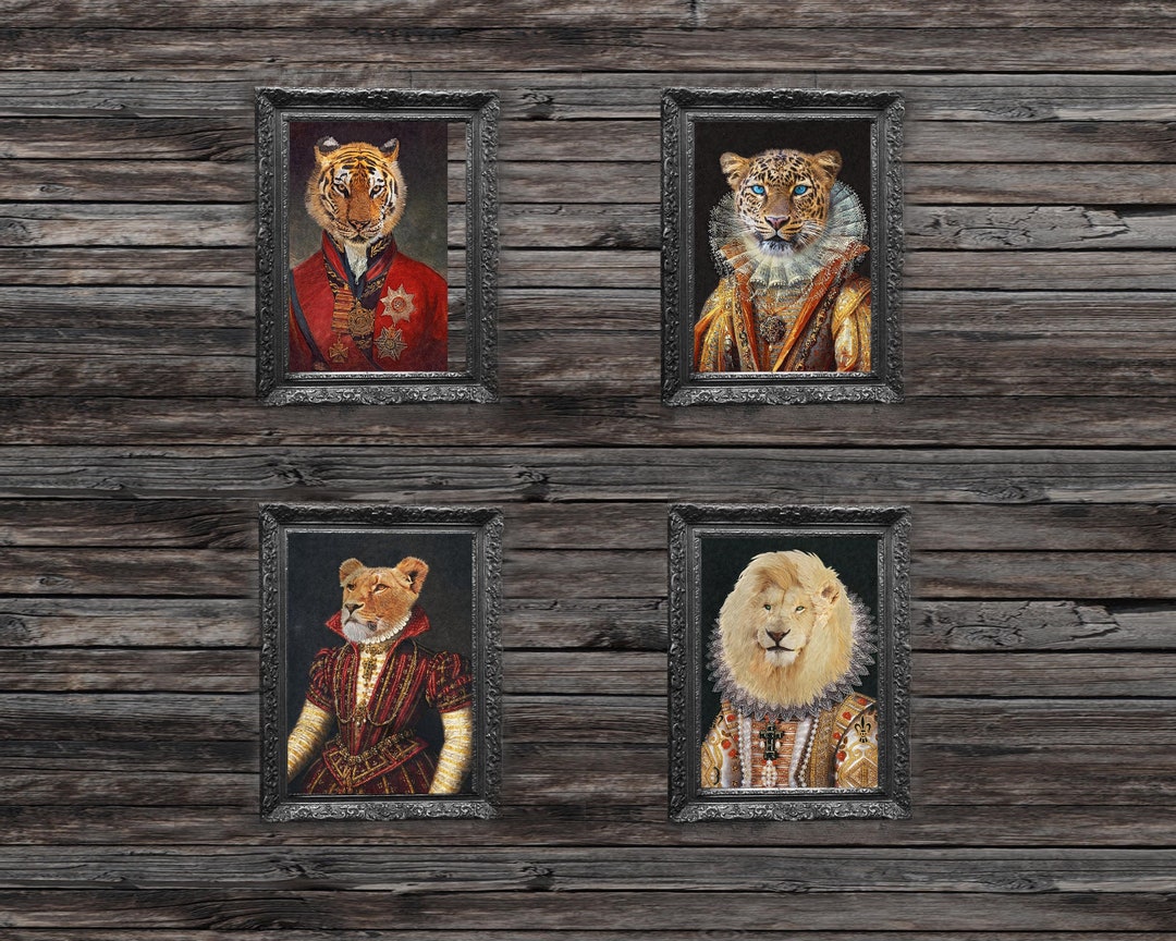 Big Cat Wall Art Set Vintage Painting Style Lion Lioness Etsy