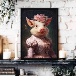 Pig Lady Art Print // Vintage Painting Style Portrait of Cute Pig in Pink Victorian Dress & Flower Rose Hat - Animal Lover Home Decor Gift