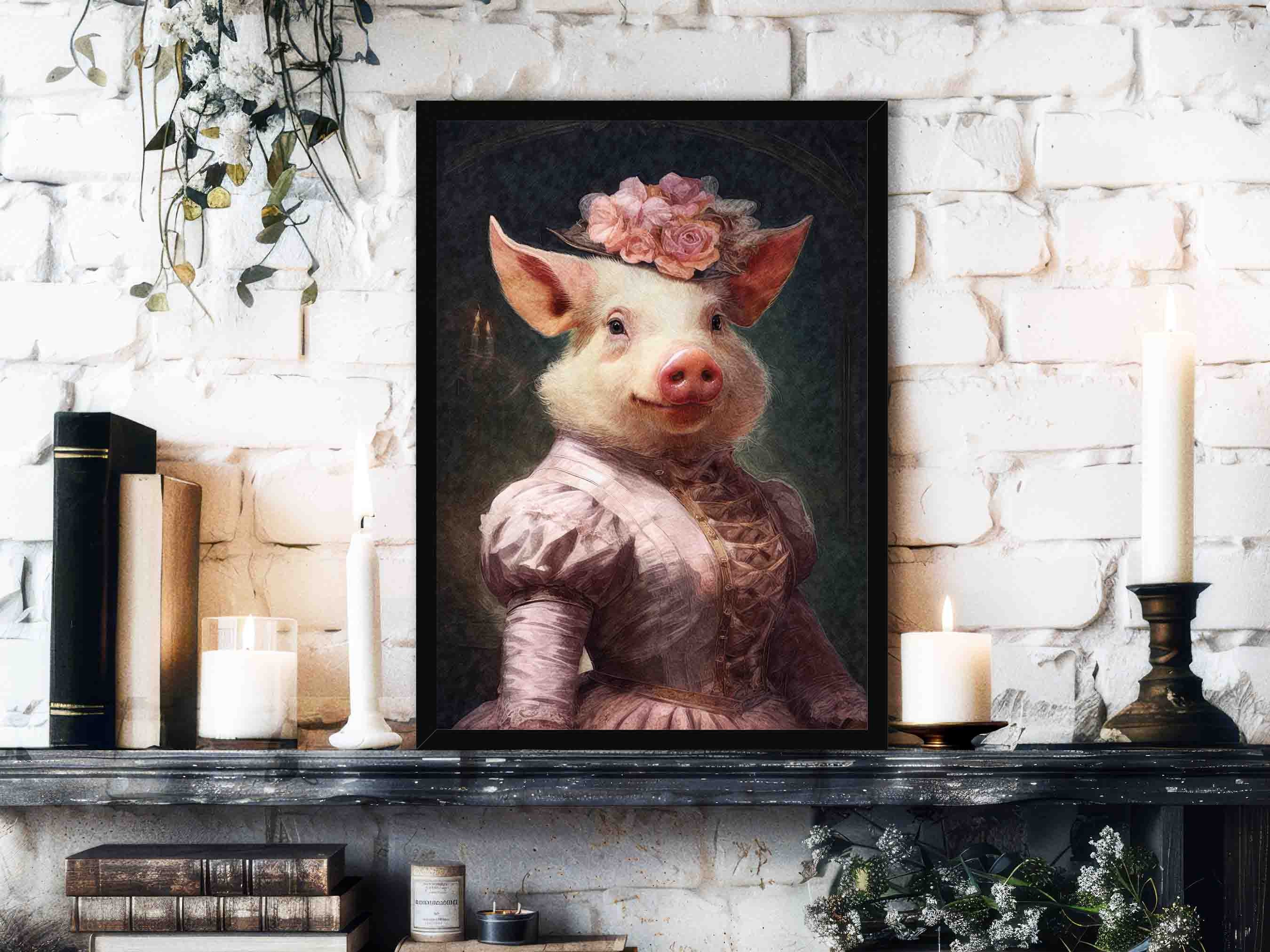 レディピッグ Pig Lady Art Print // Vintage Painting Style Portrait of Cute Pig