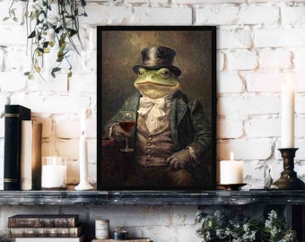 Toad Gentleman Wall Art Print // Vintage Painting Style Portrait of Frog / Toad with Wine in Victorian Suit & Hat - Animal Home Decor Gift