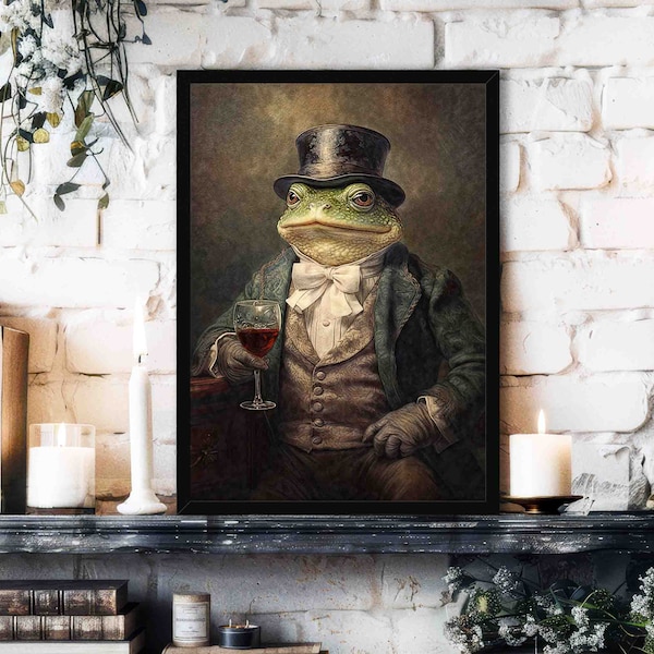 Toad Gentleman Wall Art Print // Vintage Painting Style Portrait of Frog / Toad with Wine in Victorian Suit & Hat - Animal Home Decor Gift