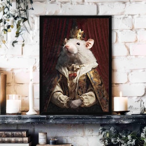 Rat King Wall Art Print // Cute Royal Lord of the Rats & Mice in a Vintage Painting Style Portrait - Gothic Animal Lover Home Decor Poster