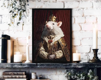 May include: A white rat wearing a gold crown and a gold and red robe, sitting on a red and gold background. The rat is looking directly at the viewer.