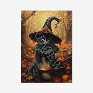 May include: A black cat dressed as a witch with a pointed hat and a black dress, holding a cauldron with glowing orange light, surrounded by autumn leaves and pumpkins in a forest setting.