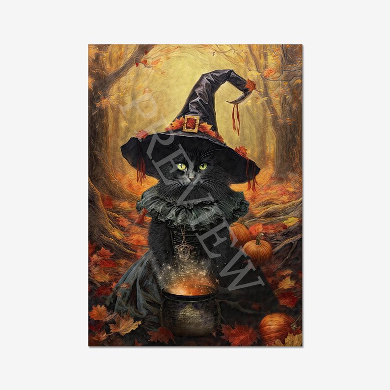 May include: A black cat dressed as a witch with a pointed hat and a black dress, holding a cauldron with glowing orange light, surrounded by autumn leaves and pumpkins in a forest setting.