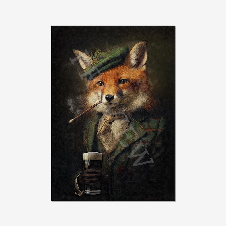 May include: A portrait of a fox dressed in a green plaid jacket, hat, and ascot, smoking a cigar and holding a glass of dark beer. The fox has orange fur and is set against a dark background.