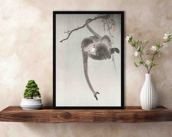 Monkey Hanging from Tree Art Print // Vintage Japanese Antique Macaque Illustration - Unique Restored Ohara Koson Historical Animal Wall Art