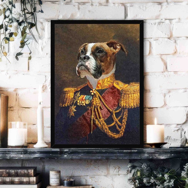 Boxer Art Print // Vintage Historical Painting Style Portrait of Brown & White Boxer Dog Wearing Military / Army Outfit - Animal Lover Gift