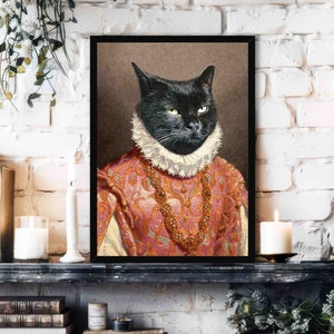 Black Cat Wall Art Print // Vintage Painting Style Portrait of Cat Queen Wearing Regal Renascence Ruff - Animal Lover Home Decor Gift