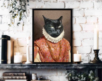 Black Cat Wall Art Print // Vintage Painting Style Portrait of Cat Queen Wearing Regal Renascence Ruff - Animal Lover Home Decor Gift