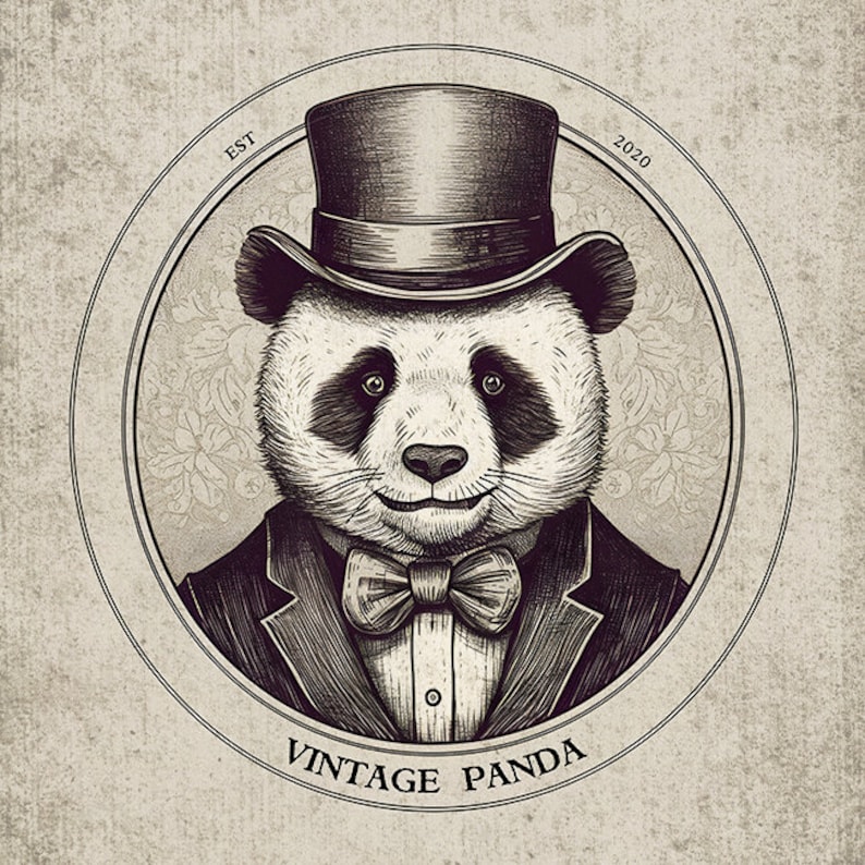 May include: A black and white illustration of a panda wearing a top hat and bow tie. The panda is in a circular frame with the text "EST 2020" and "Vintage Panda" below the image.
