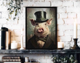Victorian Pig Wall Art Print // Portrait of Aristocrat Gentleman Hog Wearing Vintage Outfit, Top Hat & Monocle - Maximalist Farm Animal Gift