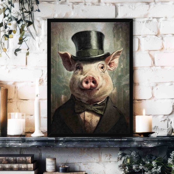 Victorian Pig Wall Art Print // Portrait of Aristocrat Gentleman Hog Wearing Vintage Outfit, Top Hat & Monocle - Maximalist Farm Animal Gift