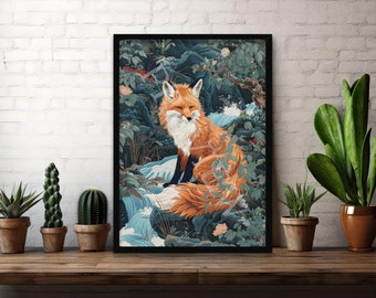 Fox & Waterfall Art Print // Vintage Woodblock Japanese