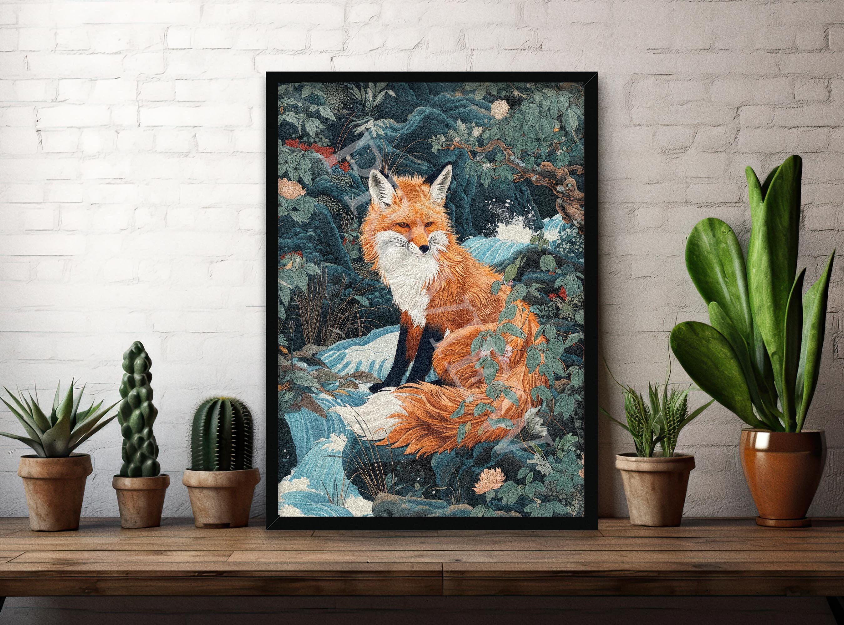 Fox & Waterfall Art Print // Vintage Woodblock Japanese Painting