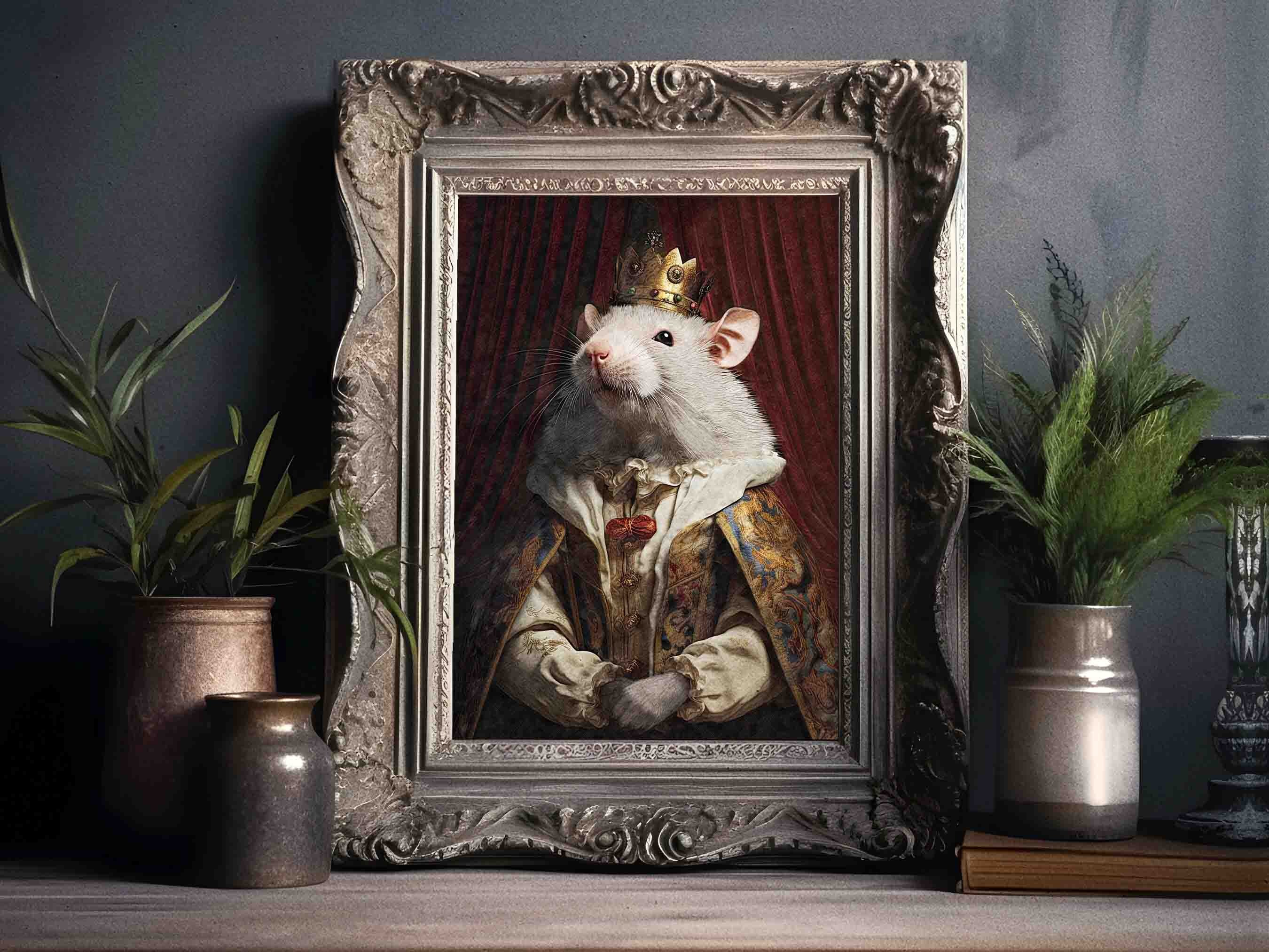 Painting of a rat king wearing a crown and robes