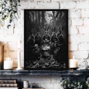 Rabbit Witches Wall Art Print // Vintage Photograph Style Portrait of Coven of Bunnies Casting Spells in a Forest - Gothic Witchy Home Decor