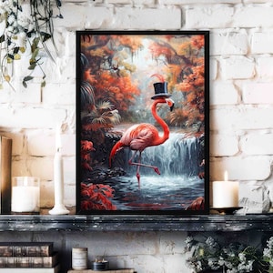 Flamingo in Waterfall Wall Art Print // Whimsical Painting Style Portrait of Pink Bird Wearing Top Hat / Eclectic Bathroom Home Decor Poster