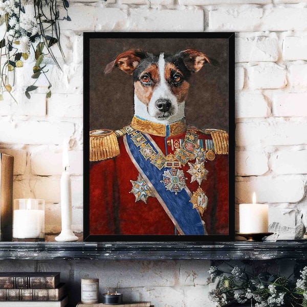 Jack Russell Dog Wall Art Print // Vintage Historical Painting Style Portrait of Black & Tan Terrier with Military Army Uniform - Pet Gift