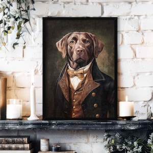 Chocolate Labrador Wall Art Print // Brown Lab Dog Gentleman Wearing Victorian Suit in Vintage Painting Style Portrait - Pet Lover Poster