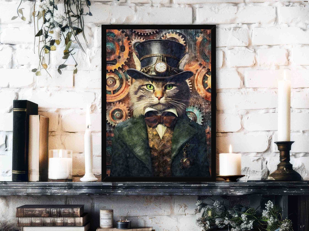 Steampunk Cat Wall Art Print // Vintage Style Portrait of Gentleman ...