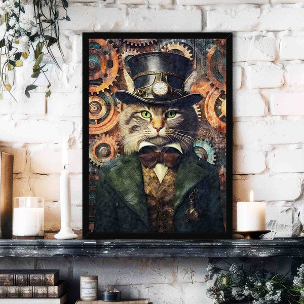 Steampunk Cat Wall Art Print // Vintage Style Portrait of Gentleman Kitty Wearing Top Hat & Steam Punk Outfit - Quirky Maximalist Home Decor