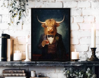 Highland Cow Drinking Whisky Wall Art Print // Vintage Painting Style Portrait of Scottish Cow in Victorian Suit - Animal Decor Poster Gift