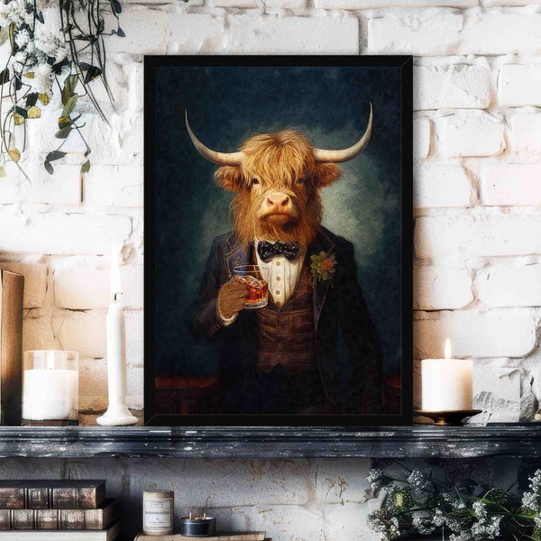 Highland Cow Drinking Whisky Wall Art Print // Vintage Painting Style Portrait of Scottish Cow in Victorian Suit - Animal Decor Poster Gift