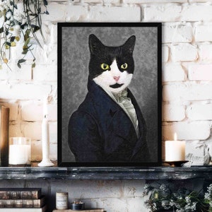 Gentleman Cat Art Print - Vintage / Historical Painting Style Portrait of Black & White Cat Wearing Victorian Suit - Animal Lover Home Decor