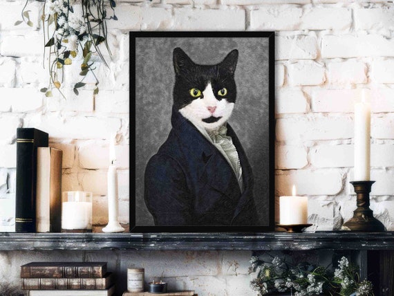 Gentleman Cat Art Print - Vintage / Historical Painting Style Portrait of Black & White Cat Wearing Victorian Suit - Animal Lover Home Decor